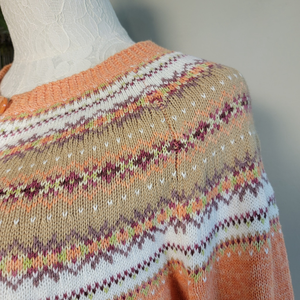 Vintage Tiara Fair Isle Knit Sweater Button Up Cardigan Orange Velvet Ribbon 3X - Picture 3 of 11